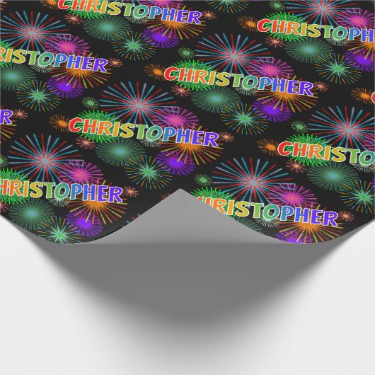 Regenboog Voornaam "CHRISTOPHER" + Vuurwerk Cadeaupapier (Hoek)