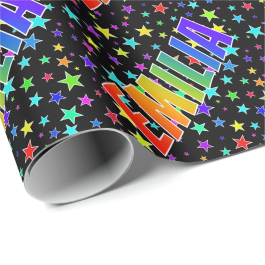 Regenboog voornaam "EMILIA" + sterren Cadeaupapier (Rol Hoek)