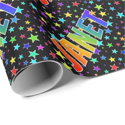 Regenboog voornaam "JANET" + sterren Cadeaupapier (Rol Hoek)