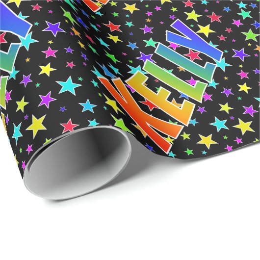 Regenboog voornaam "KELLY" + sterren Cadeaupapier (Rol Hoek)