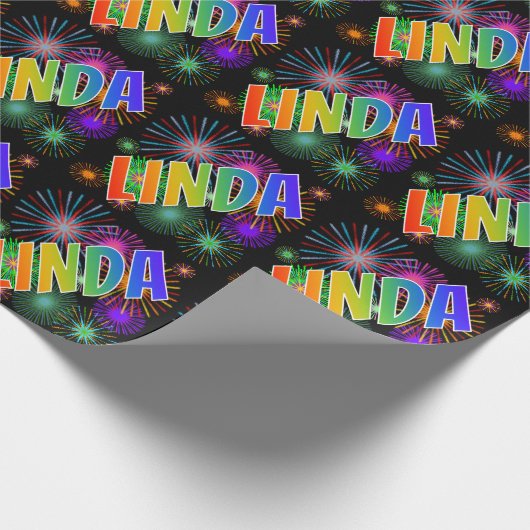Regenboog voornaam "LINDA" + Vuurwerk Cadeaupapier (Hoek)