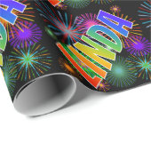 Regenboog voornaam "LINDA" + Vuurwerk Cadeaupapier (Rol Hoek)