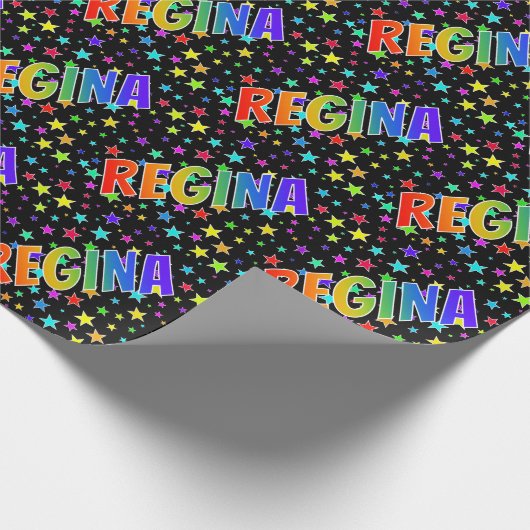 Regenboog voornaam "REGINA" + Sterren Cadeaupapier (Hoek)