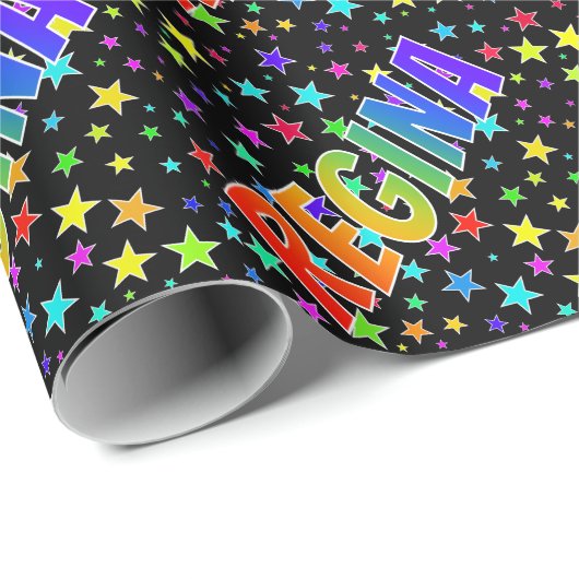 Regenboog voornaam "REGINA" + Sterren Cadeaupapier (Rol Hoek)