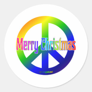 Regenboog Vredesbord met Vrolijk Kerstfeest! Ronde Sticker