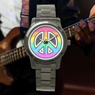 Regenboog Vredesteken Oversized Zwarte Armband Hor Horloge