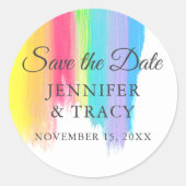 Regenboog Watercolor LGBTQ Trouwkaart Save the Dat Ronde Sticker (Voorkant)