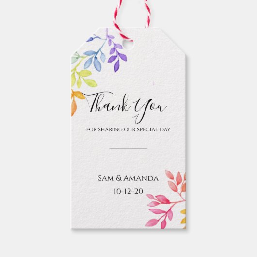 Regenboog Waterverf Botanische bladeren Bruiloft Cadeaulabel (Voorkant)