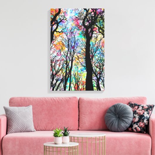 Regenboog waterverf drop sky met zwarte boompjes canvas afdruk (Insitu (Woonkamer))