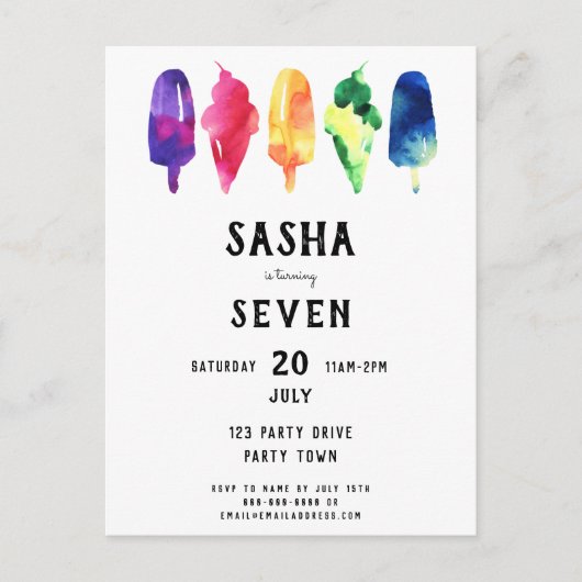Regenboog Waterverf ijsijsjes Verjaardag Uitnodiging Briefkaart (Voorkant)