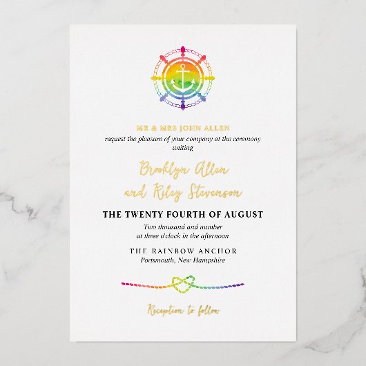 Regenboog Waterverf Nautische LGBT 2 in 1 Bruiloft Folie Uitnodiging (Voorkant)