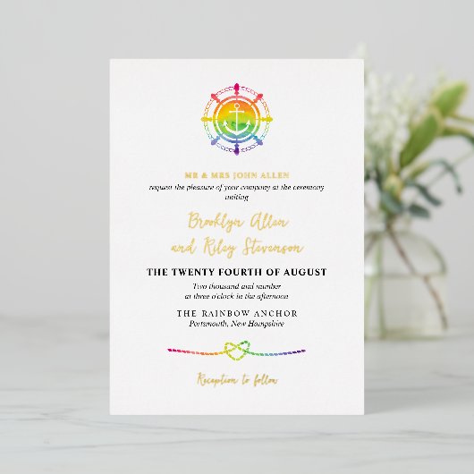 Regenboog Waterverf Nautische LGBT 2 in 1 Bruiloft Folie Uitnodiging (Staand Voorkant)