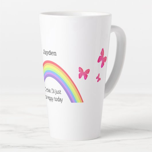 Regenboog, wees gelukkig vandaag. Vlinders en jouw Latte Mok (Rechterhoek)
