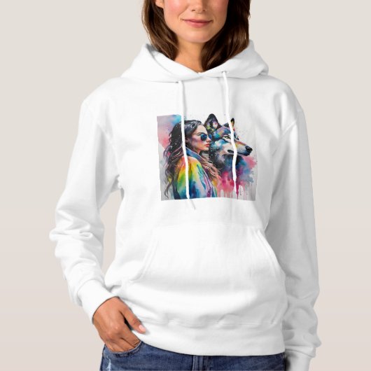 Regenboog Wolf en meisje Hoodie (Voorkant)