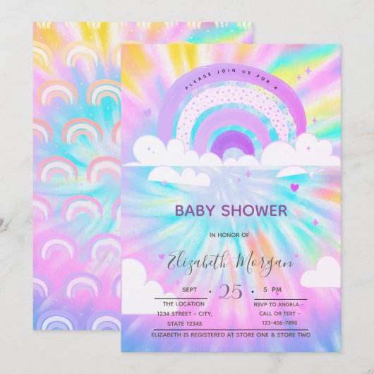 Regenboog Wolken Harten Tie Dye Baby Shower Kaart (Voorkant / Achterkant)