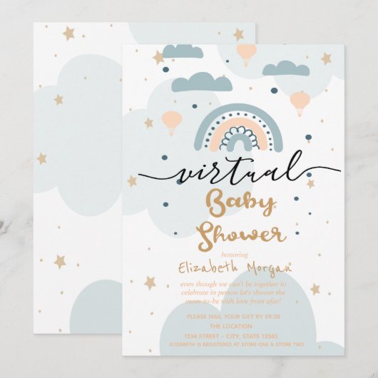 Regenboog,Wolken Sterren Virtuele Baby Shower Kaart (Voorkant / Achterkant)