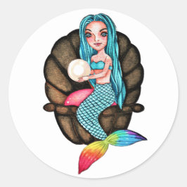 Regenboog zeemeermin met parel in Waterverf Ronde Sticker