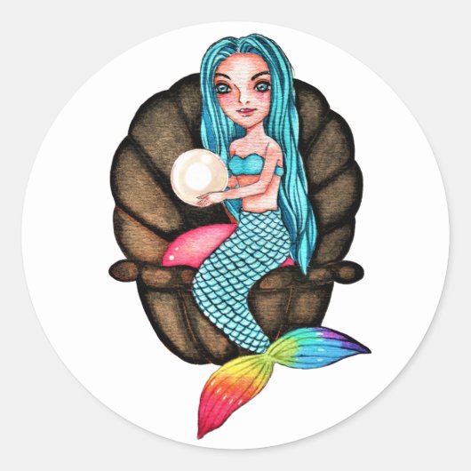 Regenboog zeemeermin met parel in Waterverf Ronde Sticker (Voorkant)