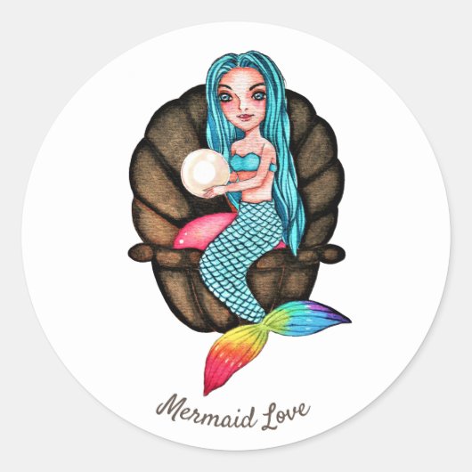 Regenboog zeemeermin met parel in Waterverf Ronde Sticker (Voorkant)