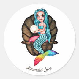 Regenboog zeemeermin met parel in Waterverf Ronde Sticker