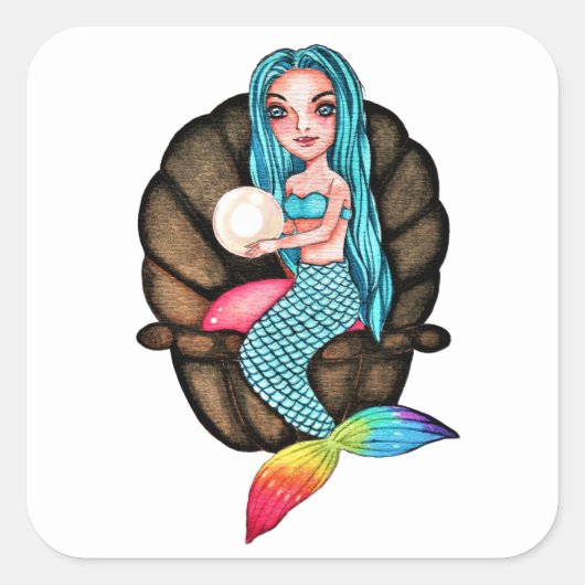 Regenboog zeemeermin met parel in Waterverf Vierkante Sticker (Voorkant)