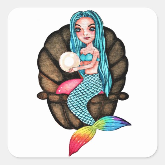 Regenboog zeemeermin met parel in Waterverf Vierkante Sticker (Voorkant)