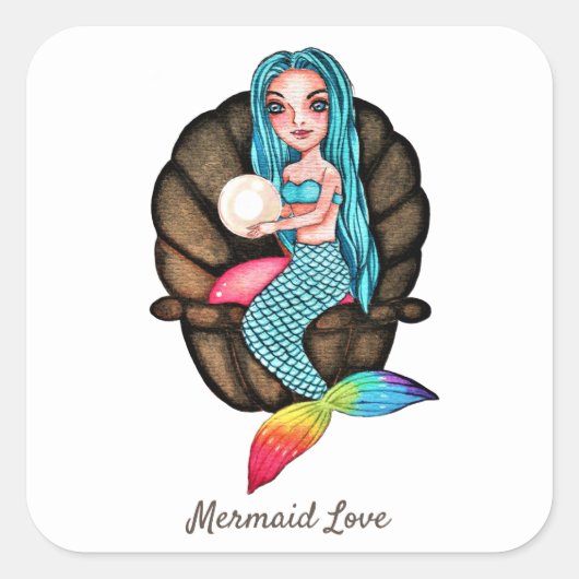Regenboog zeemeermin met parel in Waterverf Vierkante Sticker (Voorkant)