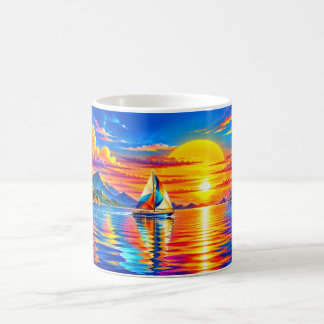 Regenboog Zeilboot In Gouden Zonsondergang Koffiemok
