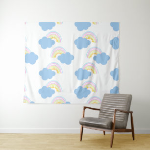 Regenboog Zomer Wolken Pastel Krabbel Doodle Wandkleed