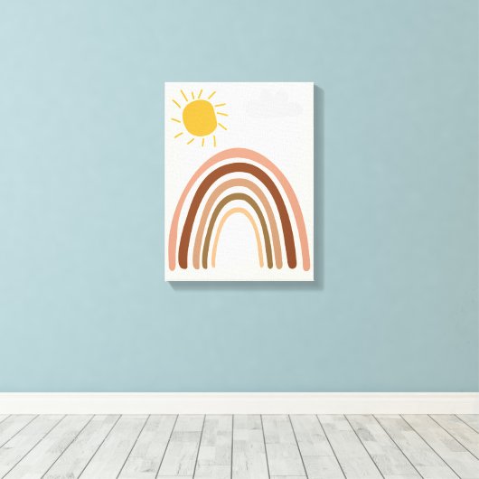 Regenboog Zon Wolk, Kindertekening, Boho Abstracte Canvas Afdruk (Insitu (Houten vloer))