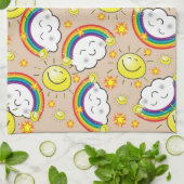 Regenboog, zon, wolken, beige keukenhanddoek (Gevouwen)
