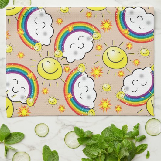Regenboog, zon, wolken, beige keukenhanddoek (Gevouwen)