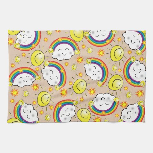 Regenboog, zon, wolken, beige keukenhanddoek (Horizontaal)