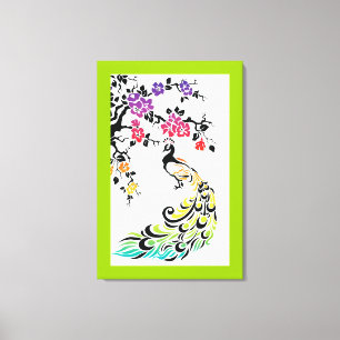 Regenboog, zwarte pauw en kersenbloesems canvas afdruk