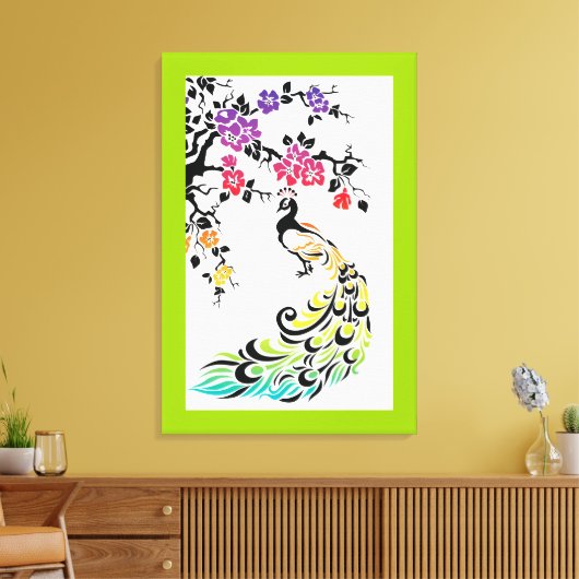 Regenboog, zwarte pauw en kersenbloesems canvas afdruk (Insitu (Woonkamer))