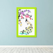 Regenboog, zwarte pauw en kersenbloesems canvas afdruk (Insitu (Houten vloer))