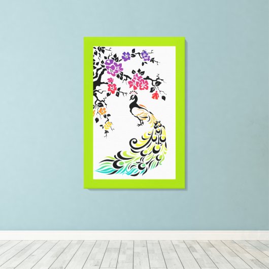 Regenboog, zwarte pauw en kersenbloesems canvas afdruk (Insitu (Houten vloer))