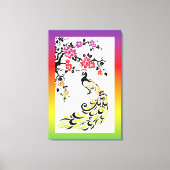 Regenboog, zwarte pauw en kersenbloesems canvas afdruk (Voorkant)