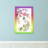 Regenboog, zwarte pauw en kersenbloesems canvas afdruk (Insitu (Houten vloer))