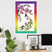 Regenboog, zwarte pauw en kersenbloesems poster (Thuiskantoor)
