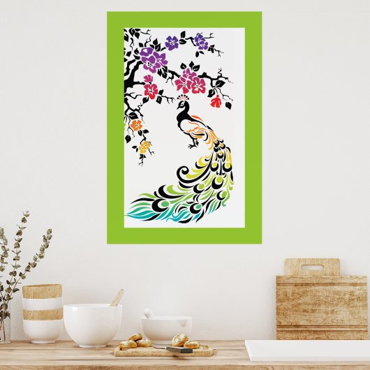 Regenboog, zwarte pauw en kersenbloesems poster (Keuken)