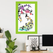 Regenboog, zwarte pauw en kersenbloesems poster (Thuiskantoor)