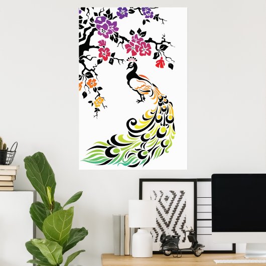 Regenboog, zwarte pauw en kersenbloesems poster (Thuiskantoor)