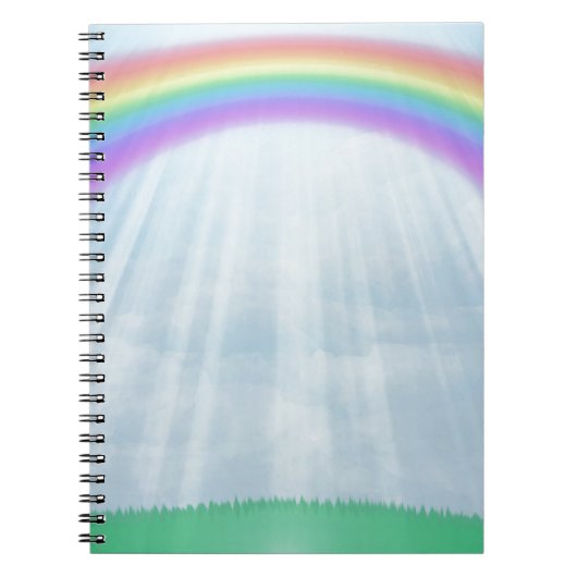 Regenboogachtergrond met wolken, gras notitieboek (Voorkant)