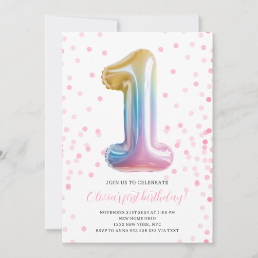 Regenboogballon 1e verjaardag Meisje Feestnummer Kaart (Voorkant)