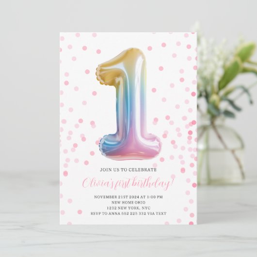 Regenboogballon 1e verjaardag Meisje Feestnummer Kaart (Staand voorkant)