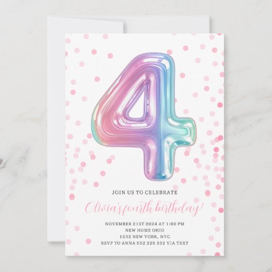 Regenboogballon 4e verjaardag Meisje Feestnummer Kaart (Voorkant)