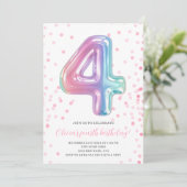 Regenboogballon 4e verjaardag Meisje Feestnummer Kaart (Staand voorkant)