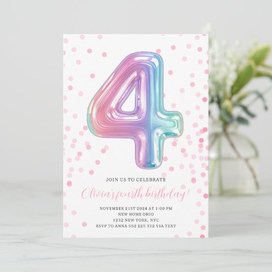 Regenboogballon 4e verjaardag Meisje Feestnummer Kaart (Staand voorkant)