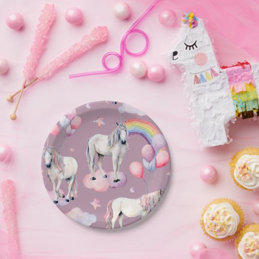 Regenboogballon Eenhoorn Paarse Verjaardagsfeest M Papieren Bordje (Feest)